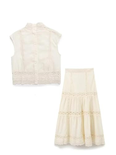 21jLYHeNKfL.jpg Women's 2-Piece Set Sleeveless Single-Breasted Top+Hollow High Street Lace Crochet Skirt
