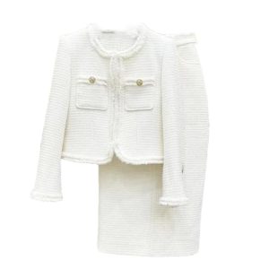 Women White Suit Tweed Jacket + Skirt Spring/Autumn Coat Business Ladies 2 Piece Skirt Sets