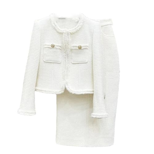 Women White Suit Tweed Jacket + Skirt Spring/Autumn Coat Business Ladies 2 Piece Skirt Sets