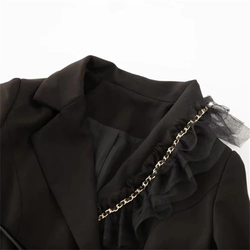 Women Black Skirts Suit Long Sleeve Sashes Blazer Mesh Long Skirts 2 Pieces Set