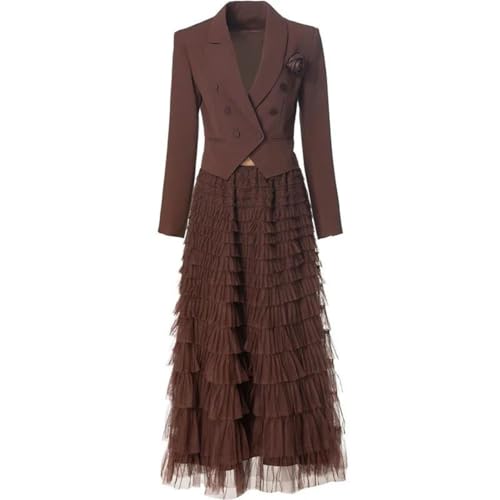 31By87X8OHL.jpg Women Elegant Commuter Suit Notched Long-Sleeved Appliques Tops Flounced Edge Skirt 2 Piece Set