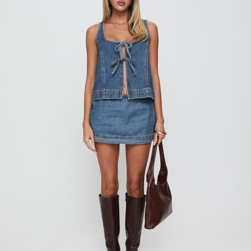Women's 2 Piece Denim Outfits Tie Up Sleeveless Top Shorts Set Tracksuit Y2k Two Piece Jeans Set Vacation Outfits