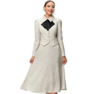 Women Red Vintage Skirts Set Lapel Ruffles Button Pockets Slim Coats Long Skirts 2 Pieces Set