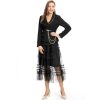 Women Black Skirts Suit Long Sleeve Sashes Blazer Mesh Long Skirts 2 Pieces Set