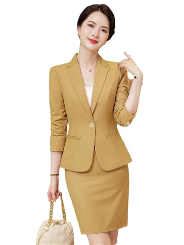 Women's Slim Two Piece Long Sleeve Notch Collar Single Button Suit Jacket and Skirt Set