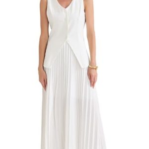 Women's 2 Piece Summer Outfits V Neck Sleeveless Button Vest Maxi Pleated Skirts Set