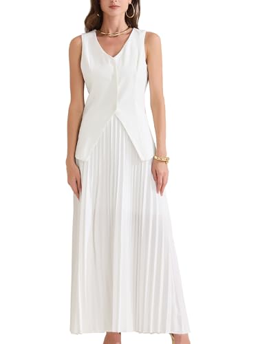 Women's 2 Piece Summer Outfits V Neck Sleeveless Button Vest Maxi Pleated Skirts Set