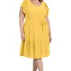 Women's Knit Eyelet Flutter Sleeve Belted Tiered Midi Dress Office Career Garden Party Day Guest of