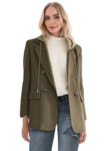 2025 Women's Spring Hooded Blazer Jacket Double-Breasted Oversize Loose Fully-Lined Work Office Suit with Pockets
