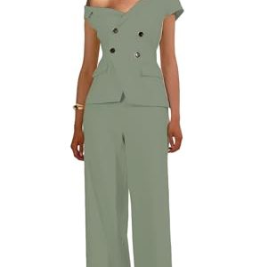 Womens Summer Outfits Business Casual 2 Piece Vest Pants Set Asymmetric Collar Vest Wide Leg Pants for Women