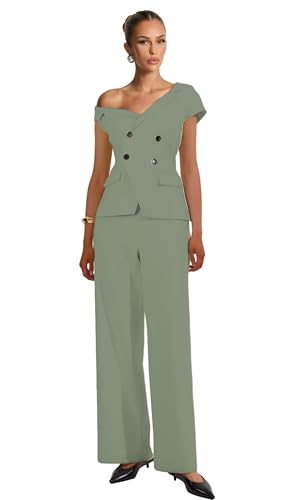 Womens Summer Outfits Business Casual 2 Piece Vest Pants Set Asymmetric Collar Vest Wide Leg Pants for Women