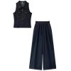 Retro Sleeveless Vest Waist Denim Wide Leg Pants Twopiece Suit for Women
