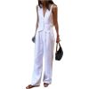 Retro Linen Women Suits Blue Sleeveless Button Vest Tops Wide Leg Pants Sets 2 Pieces Outfits Femme