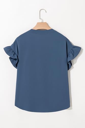 Womens Button Down Shirts Ruffle Ruched Short Sleeve Tops Summer Solid Casual Work Business Blouses