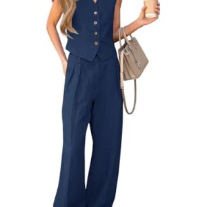 Women's 2 Piece Outfits V Neck Pants Sets Crop Vest Blazer and Wide Leg Suit