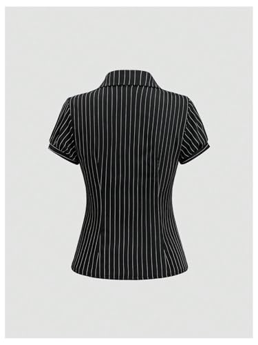 Women's Striped Button Down Shirt Ruched Short Sleeve Fitted Work Blouses