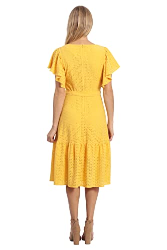 Women's Knit Eyelet Flutter Sleeve Belted Tiered Midi Dress Office Career Garden Party Day Guest of