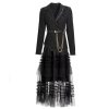 Women Black Skirts Suit Long Sleeve Sashes Blazer Mesh Long Skirts 2 Pieces Set