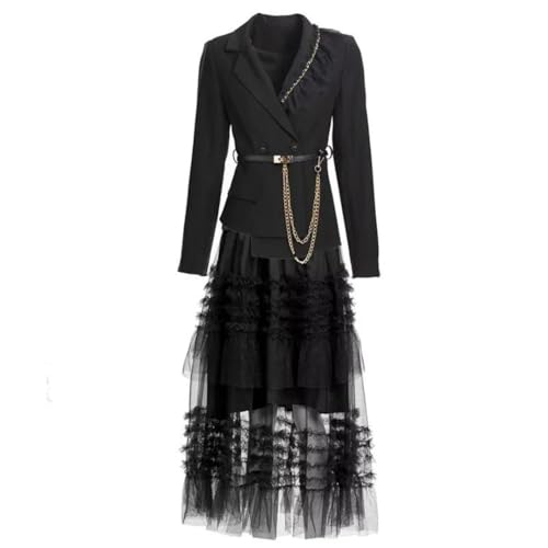 Women Black Skirts Suit Long Sleeve Sashes Blazer Mesh Long Skirts 2 Pieces Set