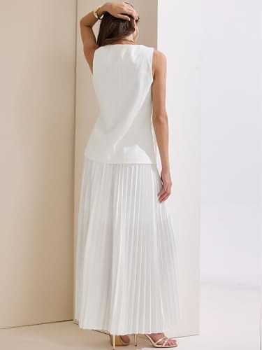 Women's 2 Piece Summer Outfits V Neck Sleeveless Button Vest Maxi Pleated Skirts Set