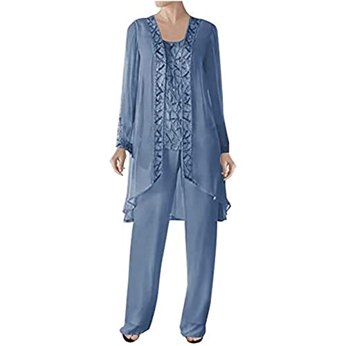 3 Pcs Mother of Bride Pants Suits Sets Women Plus Size Chiffon Long Sleeve Jacket Vest Pants Suits