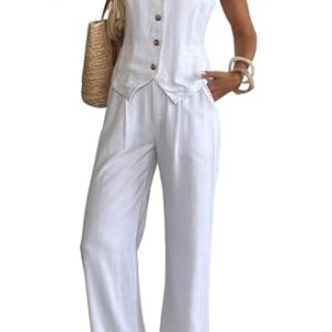 Women's Linen 2 Piece Sets Summer Outfits Vest Waistcoat Casual Dressy Work Vacation Travel Pants Sets