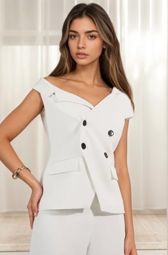 Womens Summer Outfits Business Casual 2 Piece Vest Pants Set Asymmetric Collar Vest Wide Leg Pants for Women