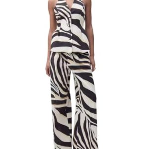 Pants Sets 2 Piece Outfits for Women Zebra Print Halter Vest Top and Wide Leg Pants Dailywear Summer Vacation Sets