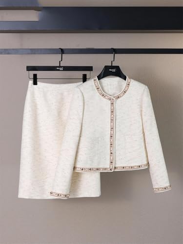 31s8G5uoZYL.jpg Women's French Long-Sleeved Short Jacket Skirt 2-Piece Temperament Outfits Heavy Skirt Set