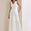 Women's 2 Piece Summer Outfits V Neck Sleeveless Button Vest Maxi Pleated Skirts Set
