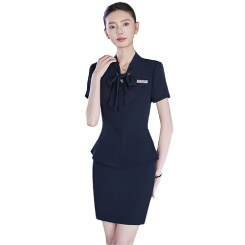 31stkAkFnHL.jpg Women's Solid Color Short-Sleeved V-Neck Single-Breasted Bow-Decorated Suit Skirt Two-Piece Suit