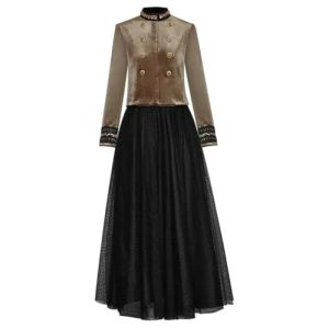Women Beading Long Sleeve Coat Skirts Suit Polka Dots Mesh Black Skirt 2 Pieces Set