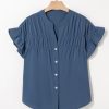Womens Button Down Shirts Ruffle Ruched Short Sleeve Tops Summer Solid Casual Work Business Blouses