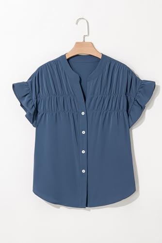 Womens Button Down Shirts Ruffle Ruched Short Sleeve Tops Summer Solid Casual Work Business Blouses