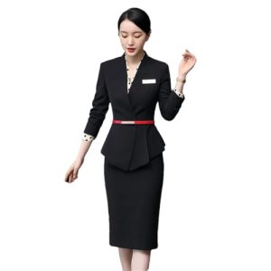 Women's Solid Color V-Neck Long Sleeve Hidden Buttoned Slim Asymmetric Suit Jacket and Skirt Set