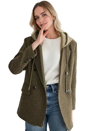 2025 Women's Spring Hooded Blazer Jacket Double-Breasted Oversize Loose Fully-Lined Work Office Suit with Pockets