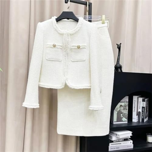 Women White Suit Tweed Jacket + Skirt Spring/Autumn Coat Business Ladies 2 Piece Skirt Sets