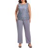 Plus Size Elegant Mother of The Bride Pant Suits Chiffon Pant with Women's Tank Top and Sequin Lace Jacket Evening Gown