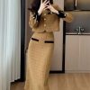 413Px03aD0L.jpg Women Vintage Tweed Two Piece Set Short Coat + Bodycon Skirt Suits Winter Elegant 2 Piece