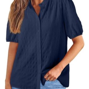 414UPsLUXOL.jpg Womens Button Down Shirts Cute Short Puff Sleeve V Neck Tops Spring Summer Blouses for Women Dressy Casual