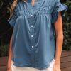 Womens Button Down Shirts Ruffle Ruched Short Sleeve Tops Summer Solid Casual Work Business Blouses