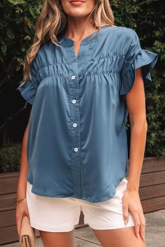 Womens Button Down Shirts Ruffle Ruched Short Sleeve Tops Summer Solid Casual Work Business Blouses