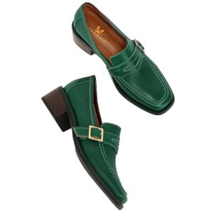 Women Classic Penny Loafers Closed Square Toe Patent Low Heel Loafers Slip On Metal Buckle 2" Chunky Heel Comfy Office Ladies