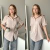 415H3Q5WhYL.jpg Women Linen Button Down Shirt Rolled Cuffed Short Sleeve Blouse Ladies Summer Casual V Neck Beach Cotton Tops