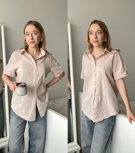 415H3Q5WhYL.jpg Women Linen Button Down Shirt Rolled Cuffed Short Sleeve Blouse Ladies Summer Casual V Neck Beach Cotton Tops