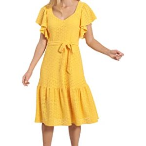 415HzDliuL.jpg Women's Knit Eyelet Flutter Sleeve Belted Tiered Midi Dress Office Career Garden Party Day Guest of