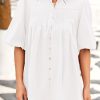 415VIexA5L.jpg Women's 2025 Summer Short Lantern Sleeve Tops Loose Fit Button Down Shirt Pleated V Neck Blouses Trendy Clothes