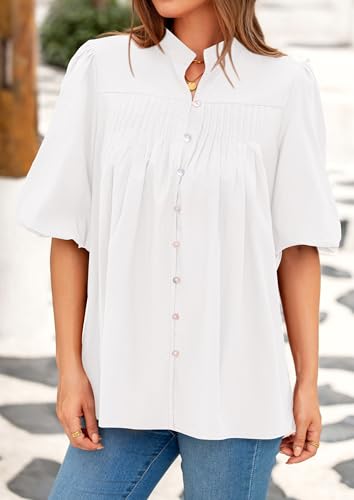 415VIexA5L.jpg Women's 2025 Summer Short Lantern Sleeve Tops Loose Fit Button Down Shirt Pleated V Neck Blouses Trendy Clothes