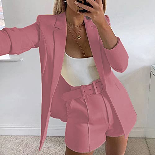 417884DpMaL.jpg Blazer Shorts Set for Women 2 Piece Long Sleeve Open Front Blazers Short Suits Business Outfits with Belt