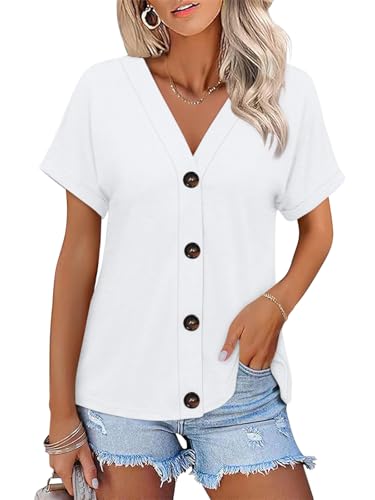 418qUFkiP4L.jpg Womens Summer Tops Short Sleeve Button Down Shirts Casual V Neck T Shirts Trendy Tunic Tops